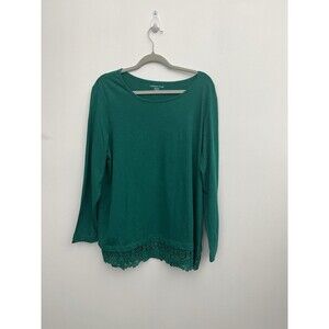 Coldwater Creek Women’s Top Blouse Round Neck Petite XL Lace Hem Long Sleeve